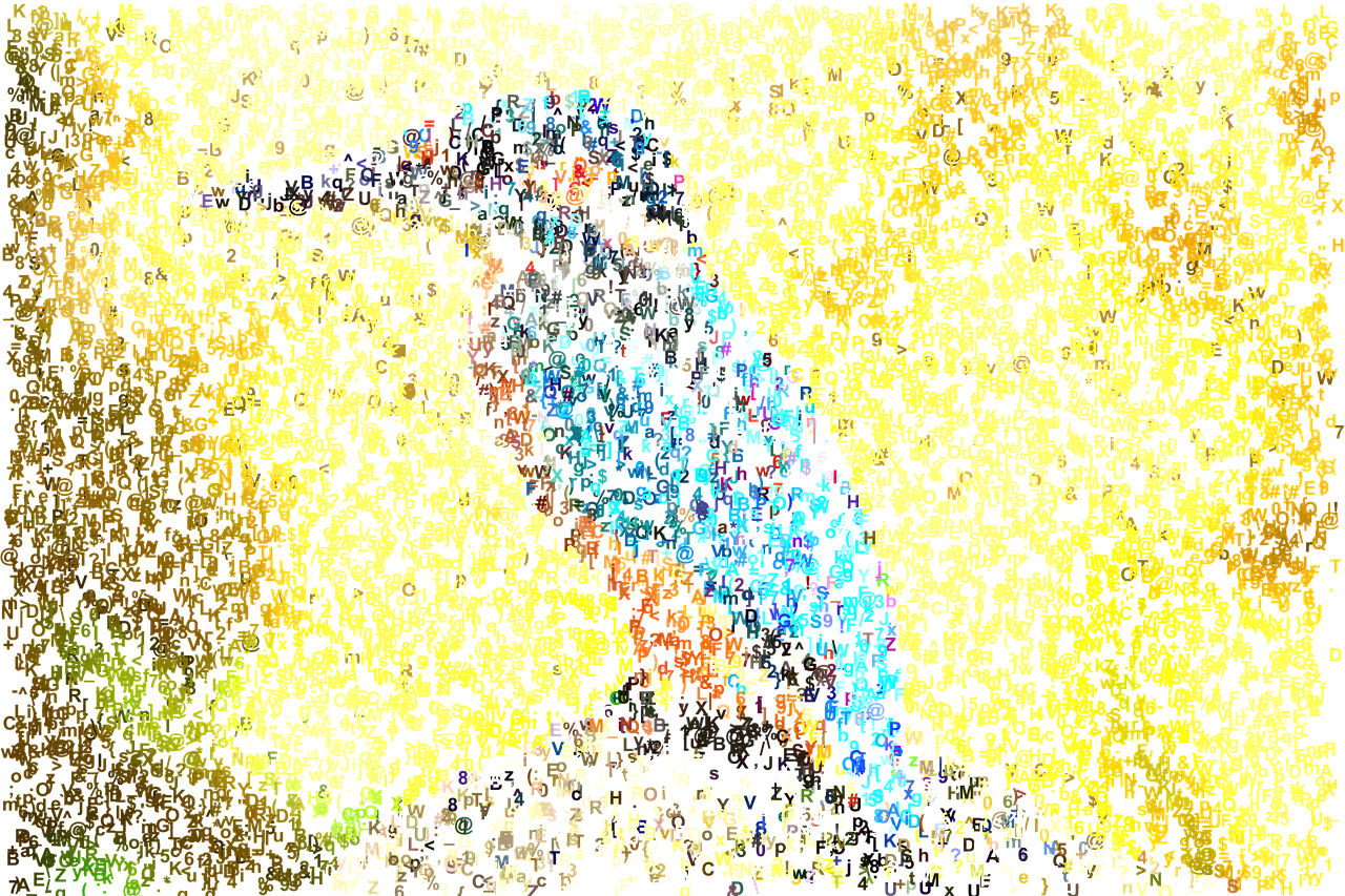 A picture of a Kingfisher bird drawn with colourful letters and numbers